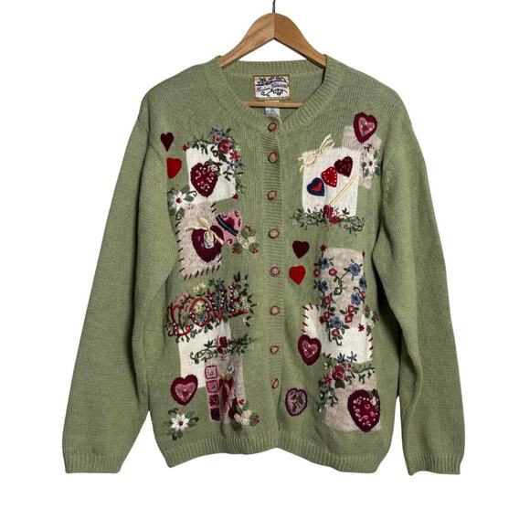 Heirloom Collectibles Green Knit Embroidered Sweater Christmas Cottagecore Sz L - Picture 1 of 4